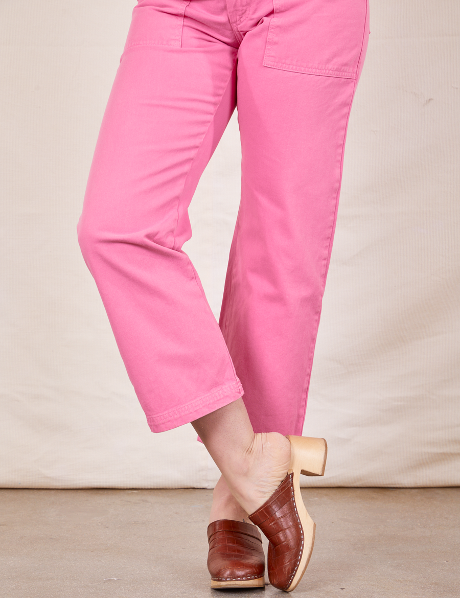 Work Pants in Bubblegum Pink pant leg close up on Allison