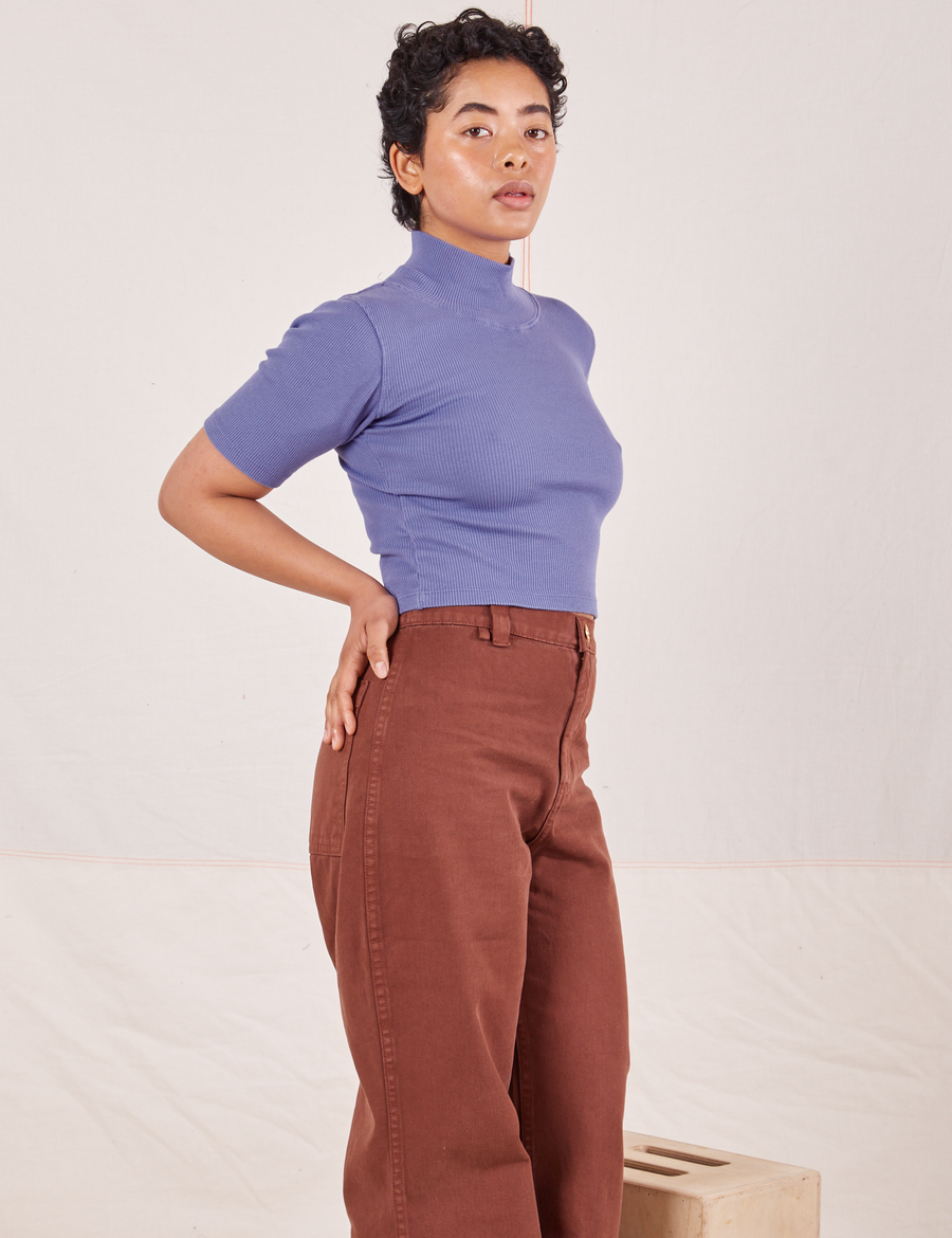 1/2 Sleeve Essential Turtleneck in Faded Grape side view on Mika wearing fudgesicle brown Bell Bottoms