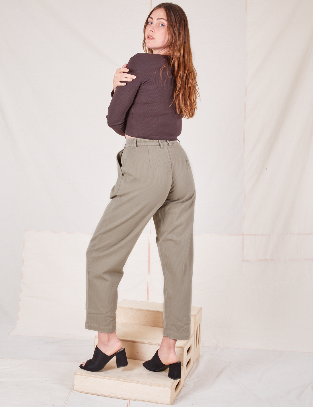 Back view of Heritage Trousers in Khaki Grey worn by Allison