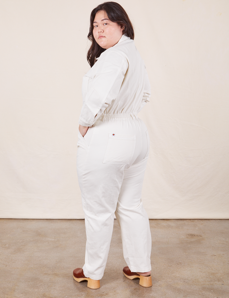 Back view of Everyday Jumpsuit in Vintage Tee Off-White worn by Ashley