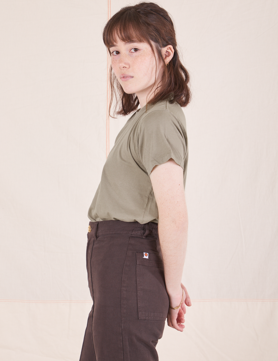 The Organic Vintage Tee in Khaki Grey side view on Hana wearing espresso brown Western Pants