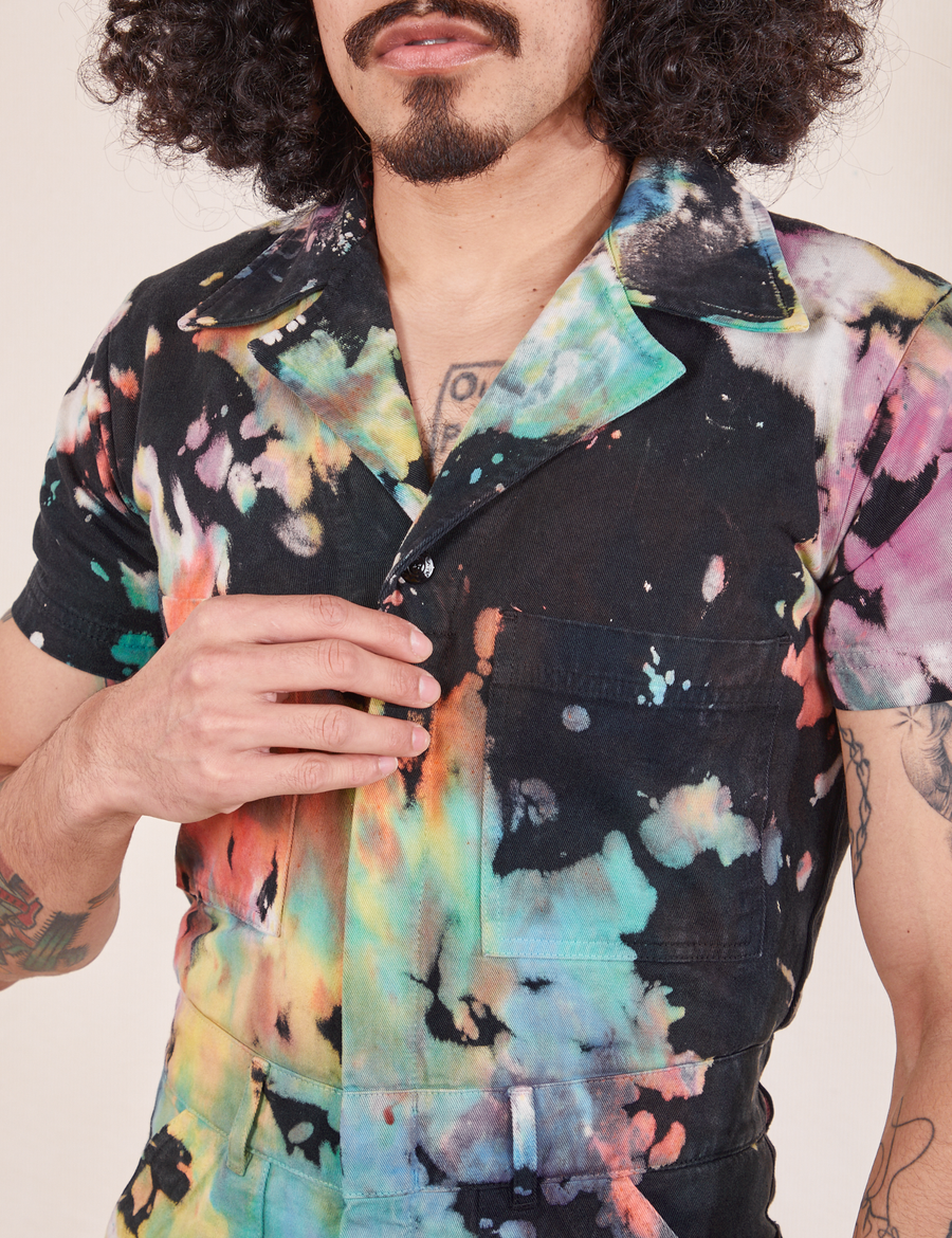 Short Sleeve Jumpsuit in Rainbow Magic Waters front close up on Jesse