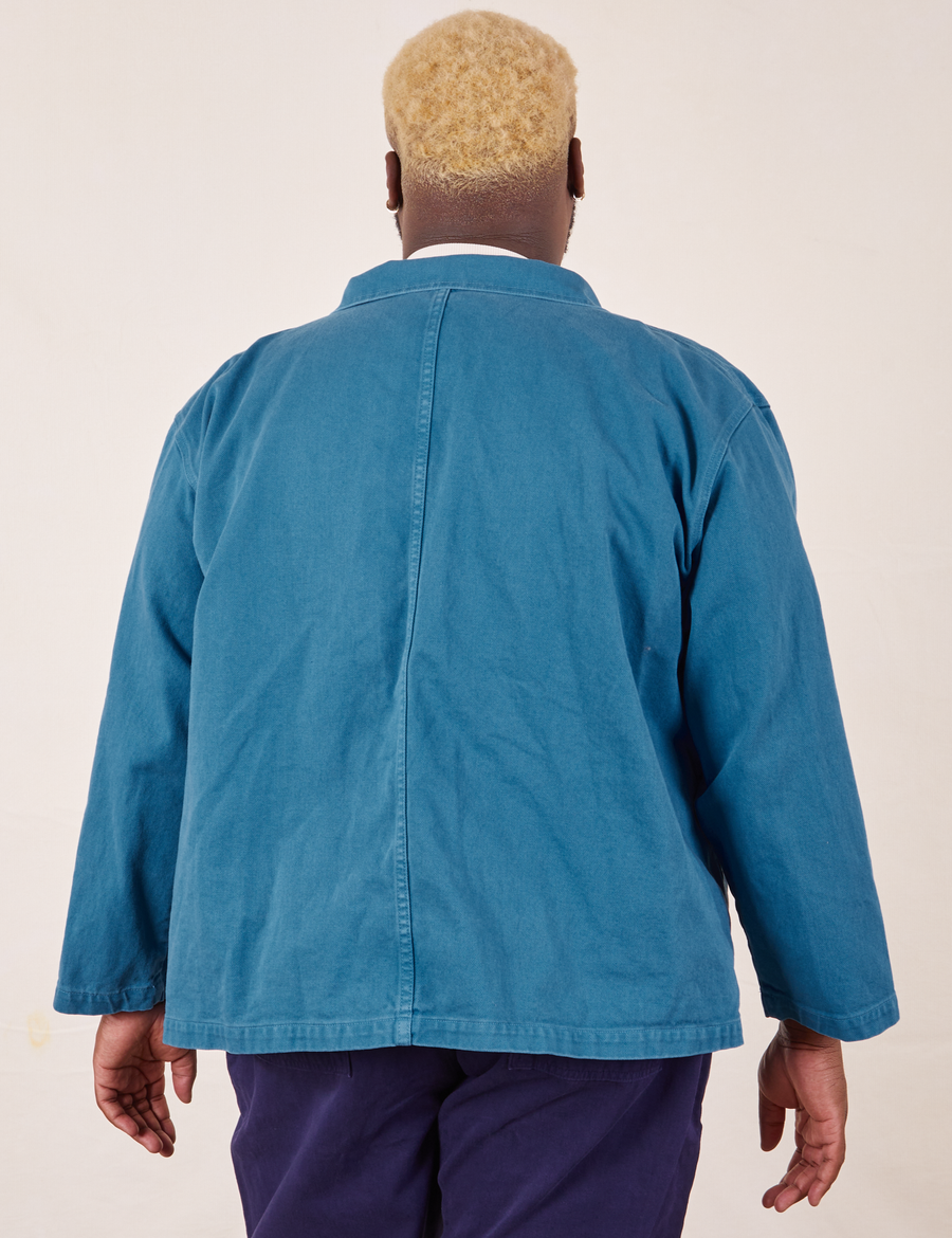 Denim Work Jacket in Marine Blue back view on Elijah
