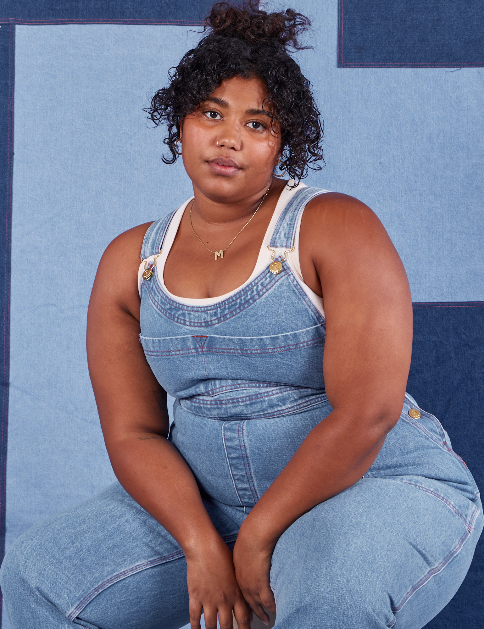 Indigo Denim Original Overalls in Light Wash on Morgan wearing vintage off-white Tank Top