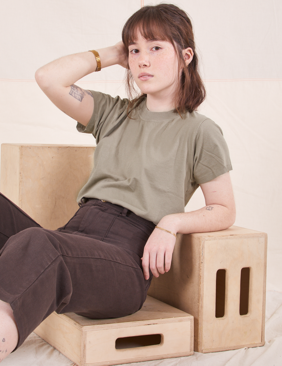 The Organic Vintage Tee in Khaki Grey on Hana wearing espresso brown Western Pants