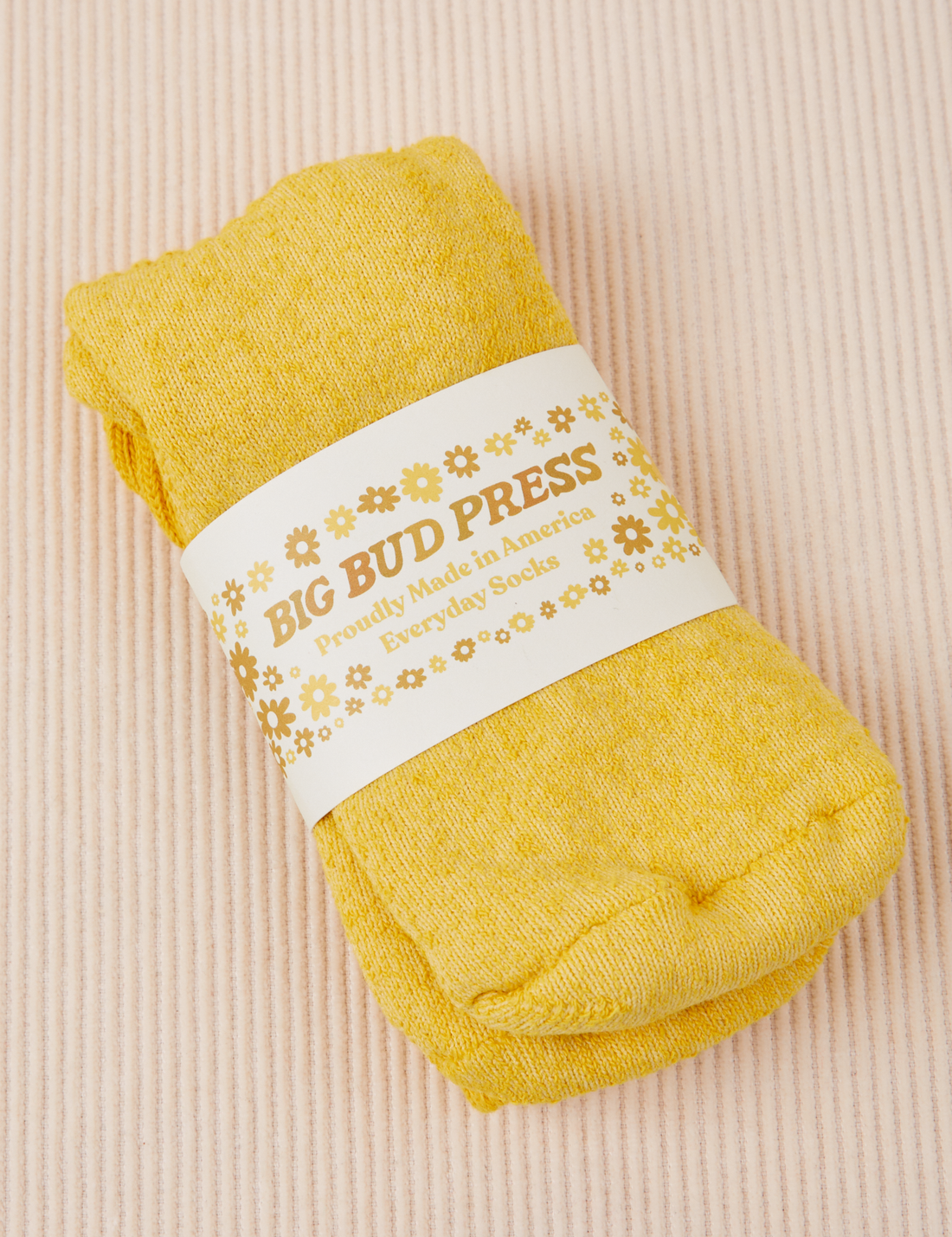 Thick Crew Sock in Golden Yellow with packaging