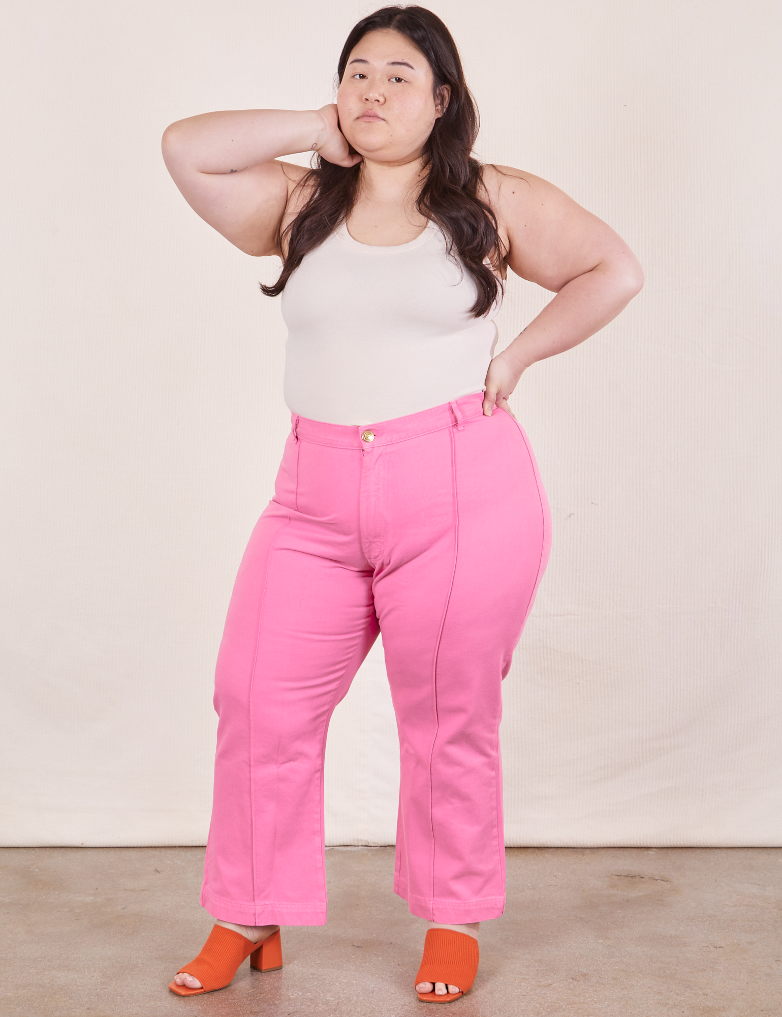 Western Pants in Bubblegum Pink on Ashley wearing vintage off-white Tank Top