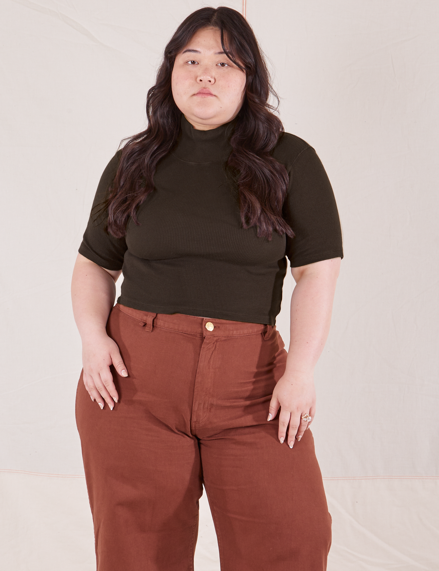 1/2 Sleeve Essential Turtleneck in Espresso Brown on Ashley wearing fudgesicle brown Bell Bottoms