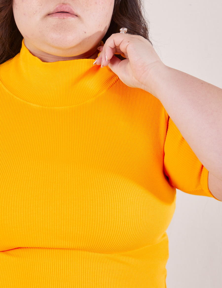 1/2 Sleeve Essential Turtleneck in Sunshine Yellow front close up on Ashley