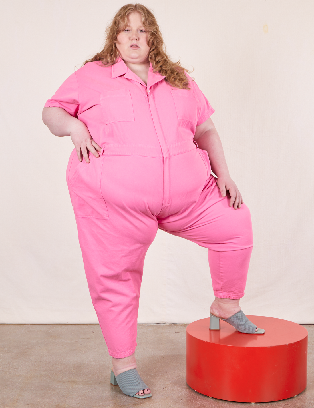 Short Sleeve Jumpsuit in Bubblegum Pink on Catie