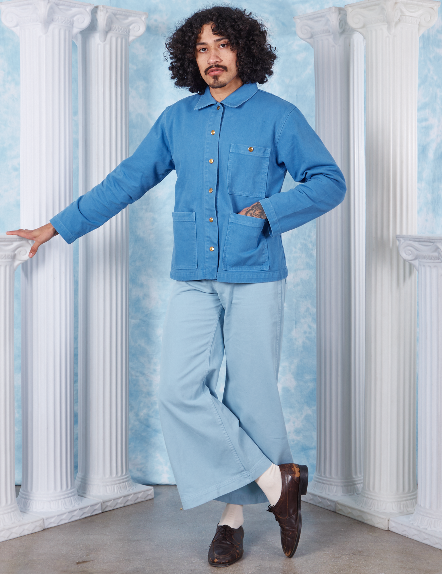 Jesse is 5&#39;8&quot; and wearing S Neoclassical Work Jacket in Blue Venus paired with baby blue Bell Bottoms