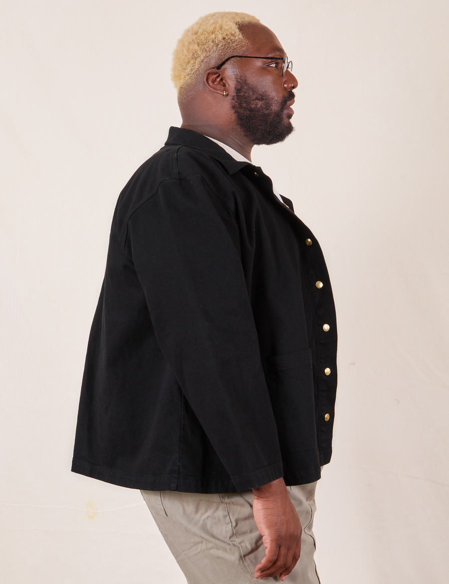 Side view of Denim Work Jacket in Basic Black worn by Elijah