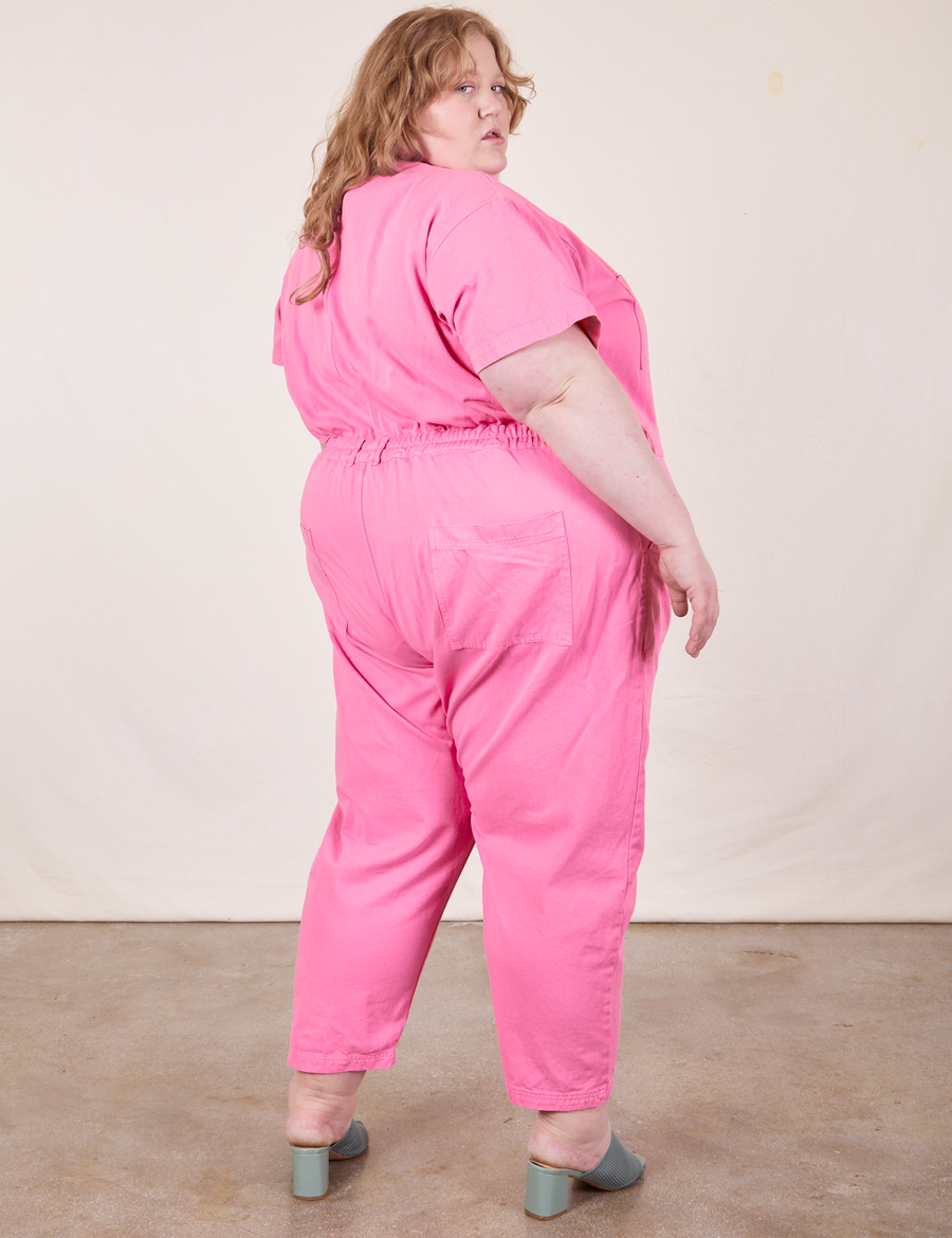 Short Sleeve Jumpsuit in Bubblegum Pink back view on Catie