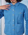 Neoclassical Work Jacket in Blue Venus buttoned up on Jesse
