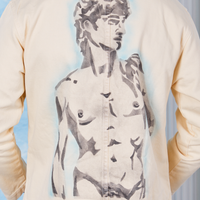 Vintage off-white Neoclassical Work Jacket featuring airbrushed Statue of David worn by Jesse
