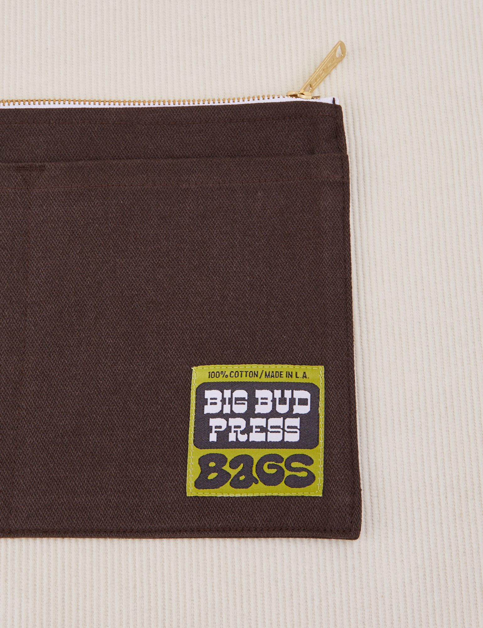 Big Pouch in Espresso Brown with Big Bud Press label in green