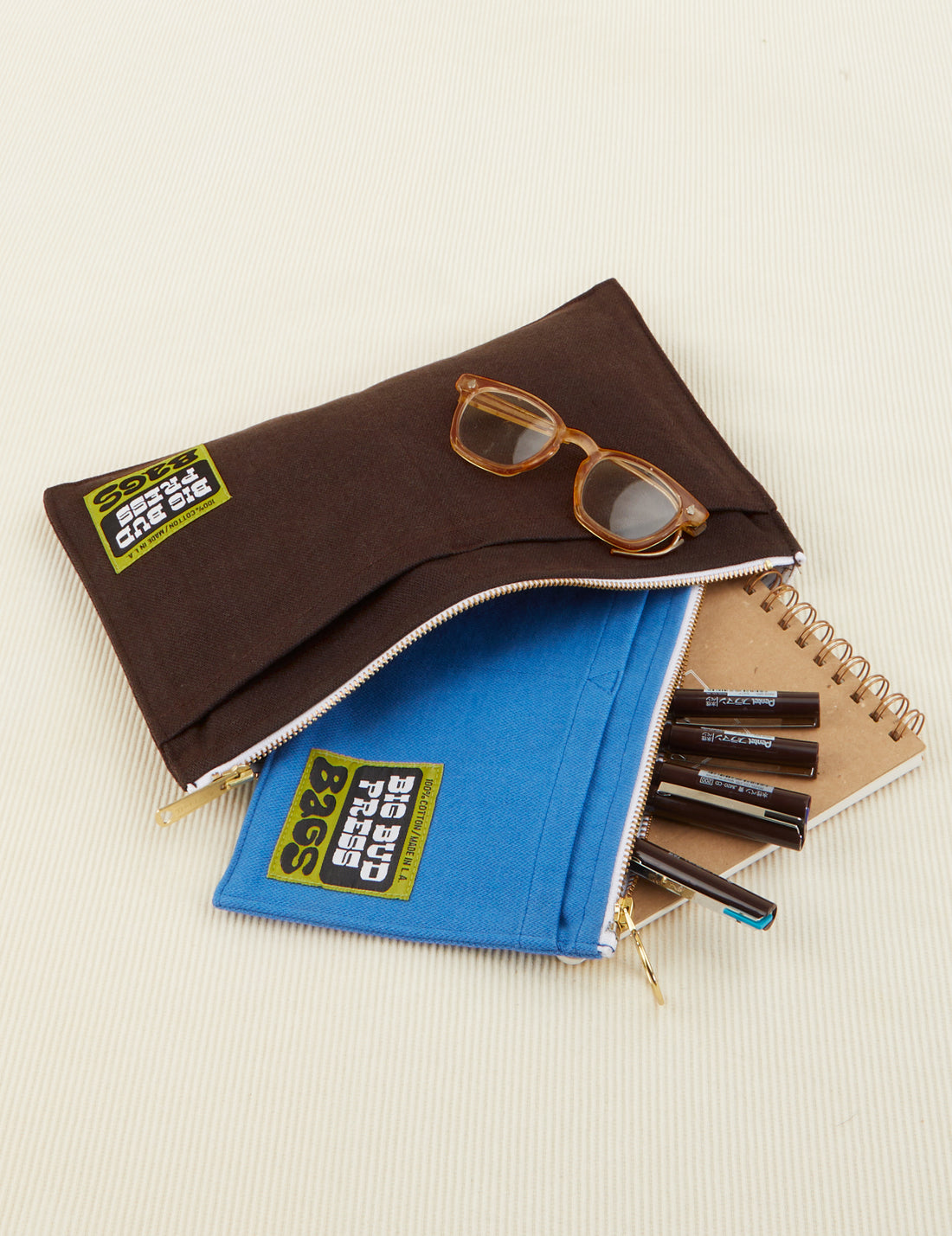 Big Pouch in Espresso Brown with pencil pouch inside along with pens and small notebook