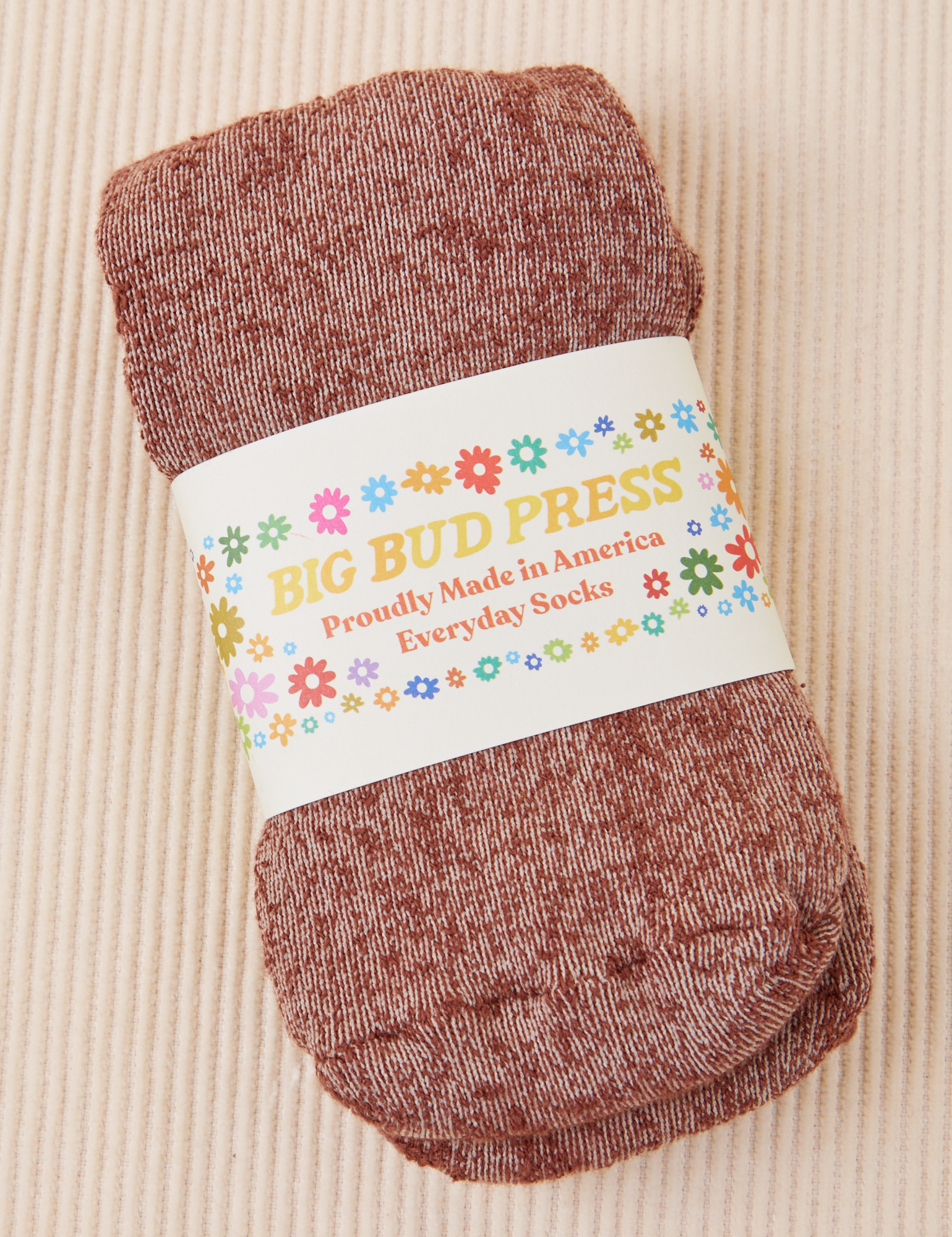 Thick Crew Sock in Fudgesicle Brown with packaging