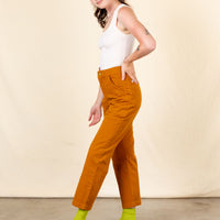 Work Pants in Spicy Mustard side view on Alex