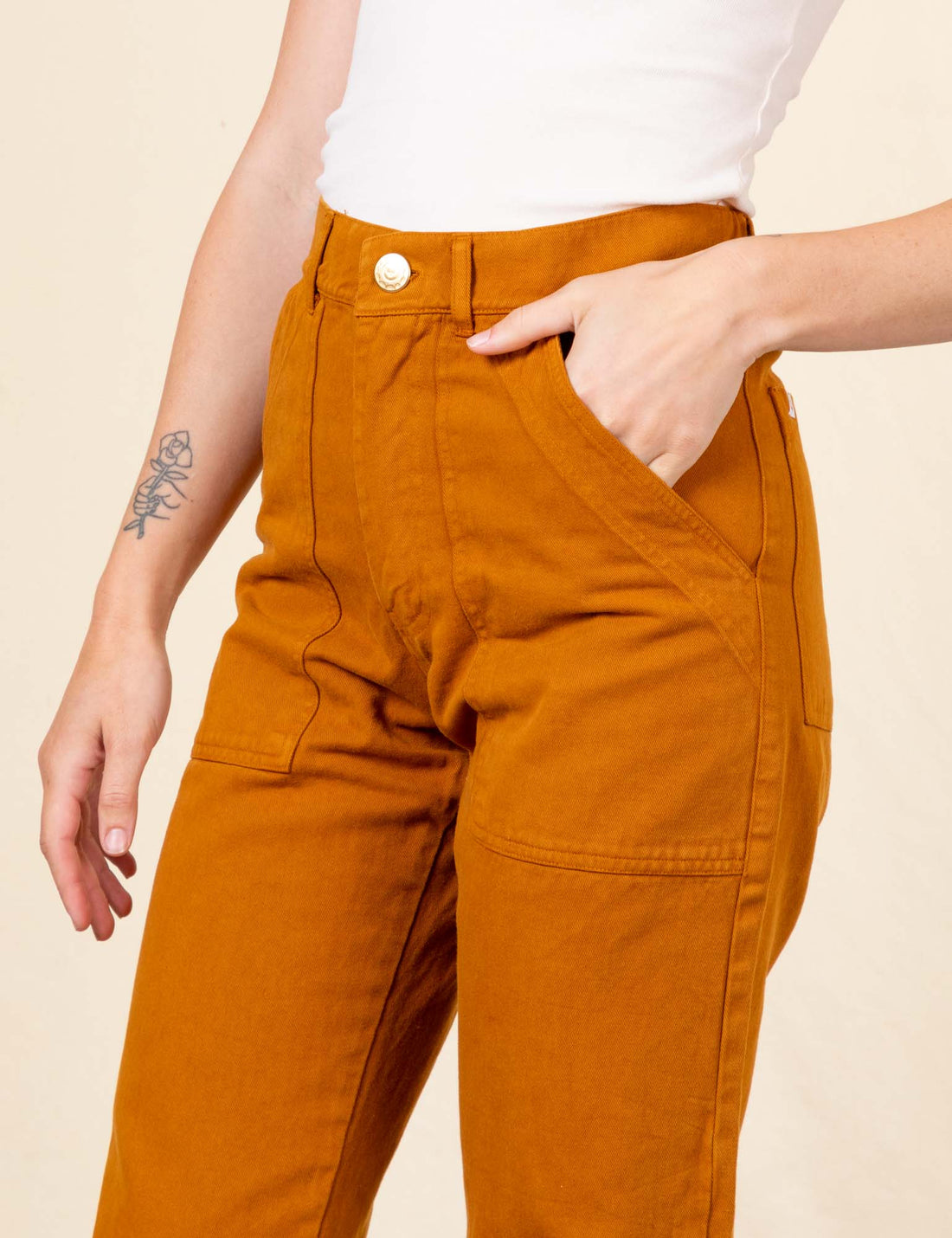 Work Pants in Spicy Mustard close up with hand in pocket