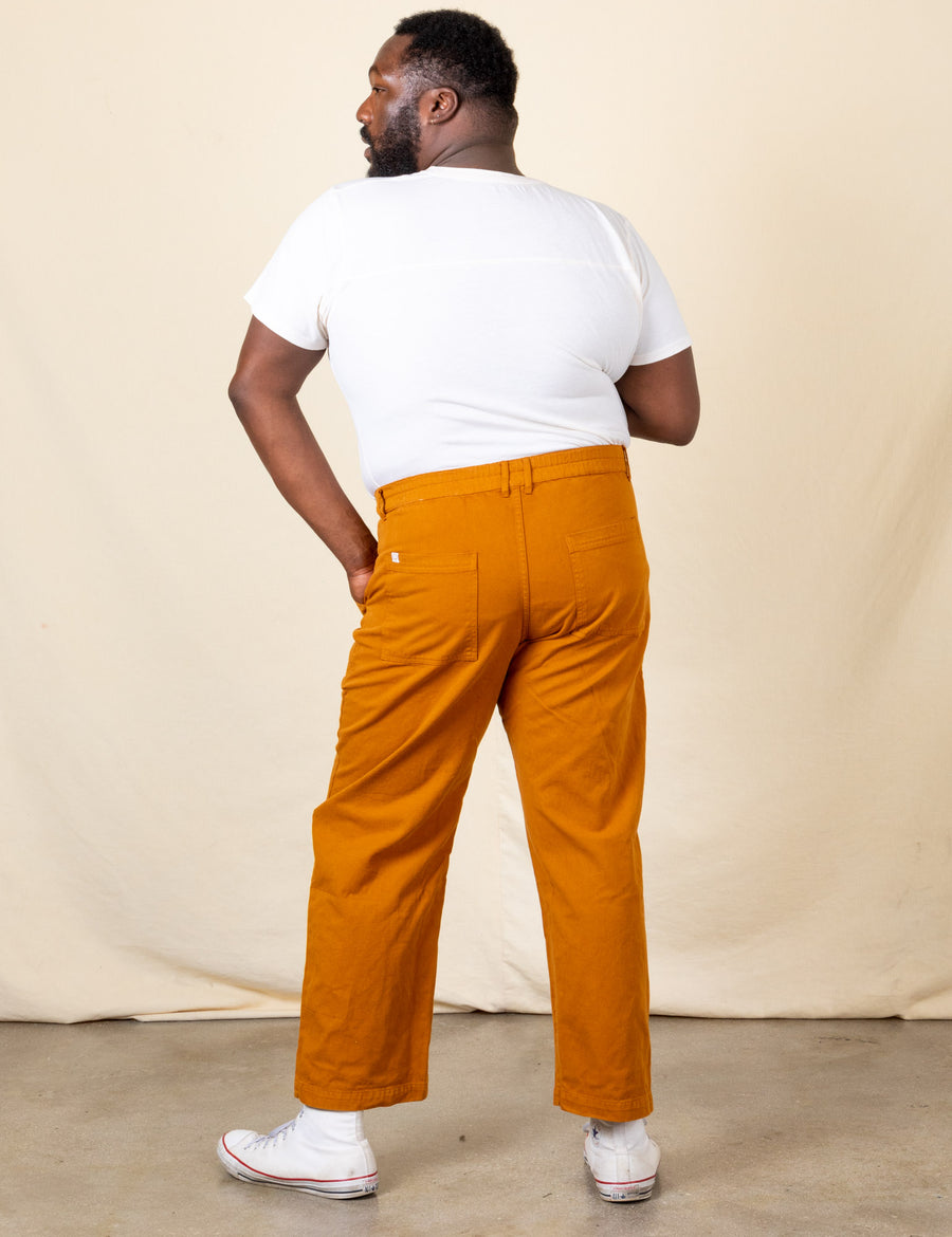 Work Pants in Spicy Mustard back view on Eli