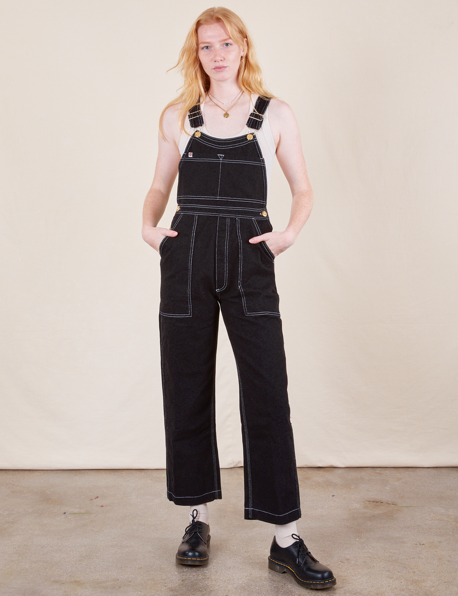 Original Overalls in Basic Black on Margaret wearing vintage off-white Tank Top