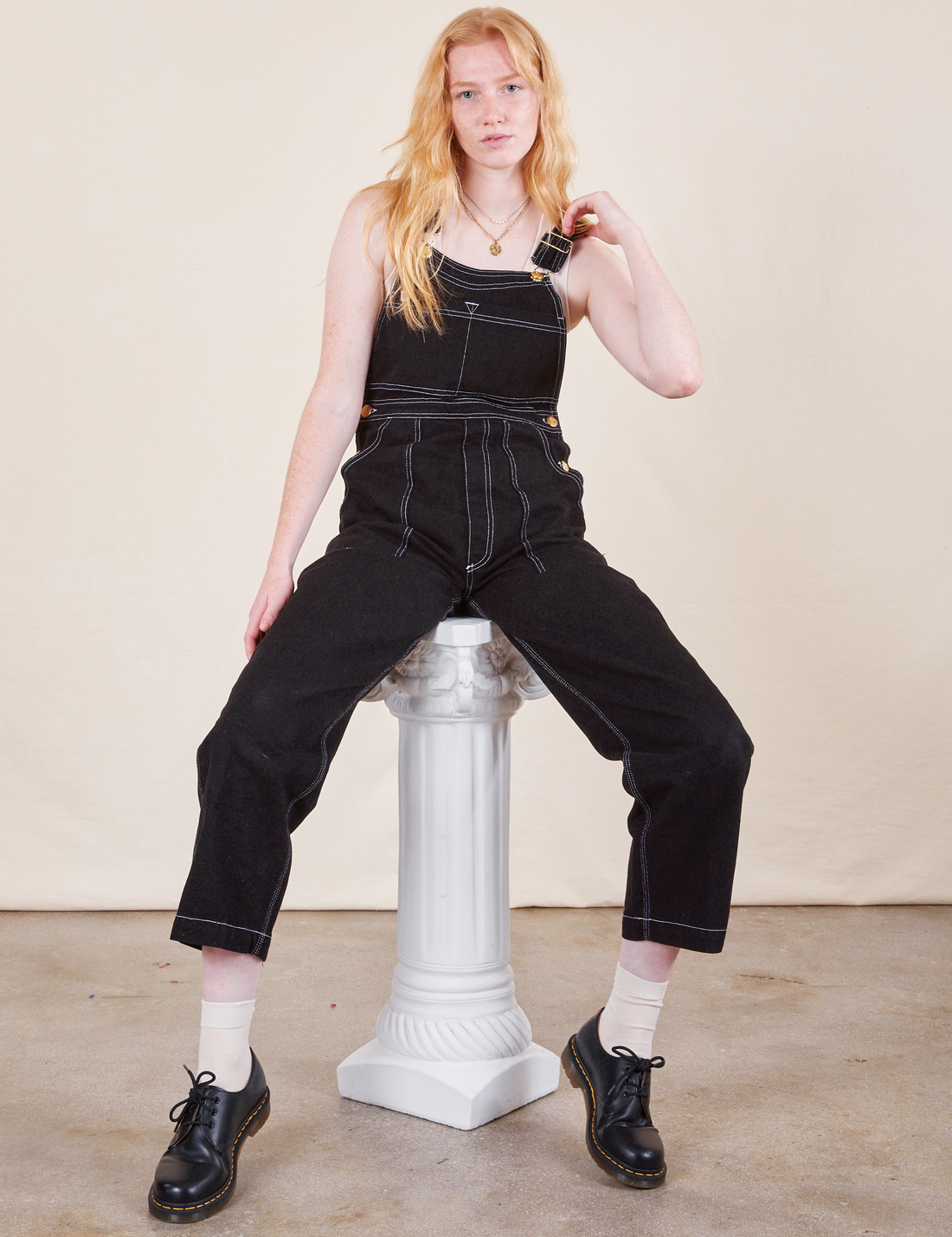 Original Overalls in Basic Black on Margaret wearing vintage off-white Tank Top