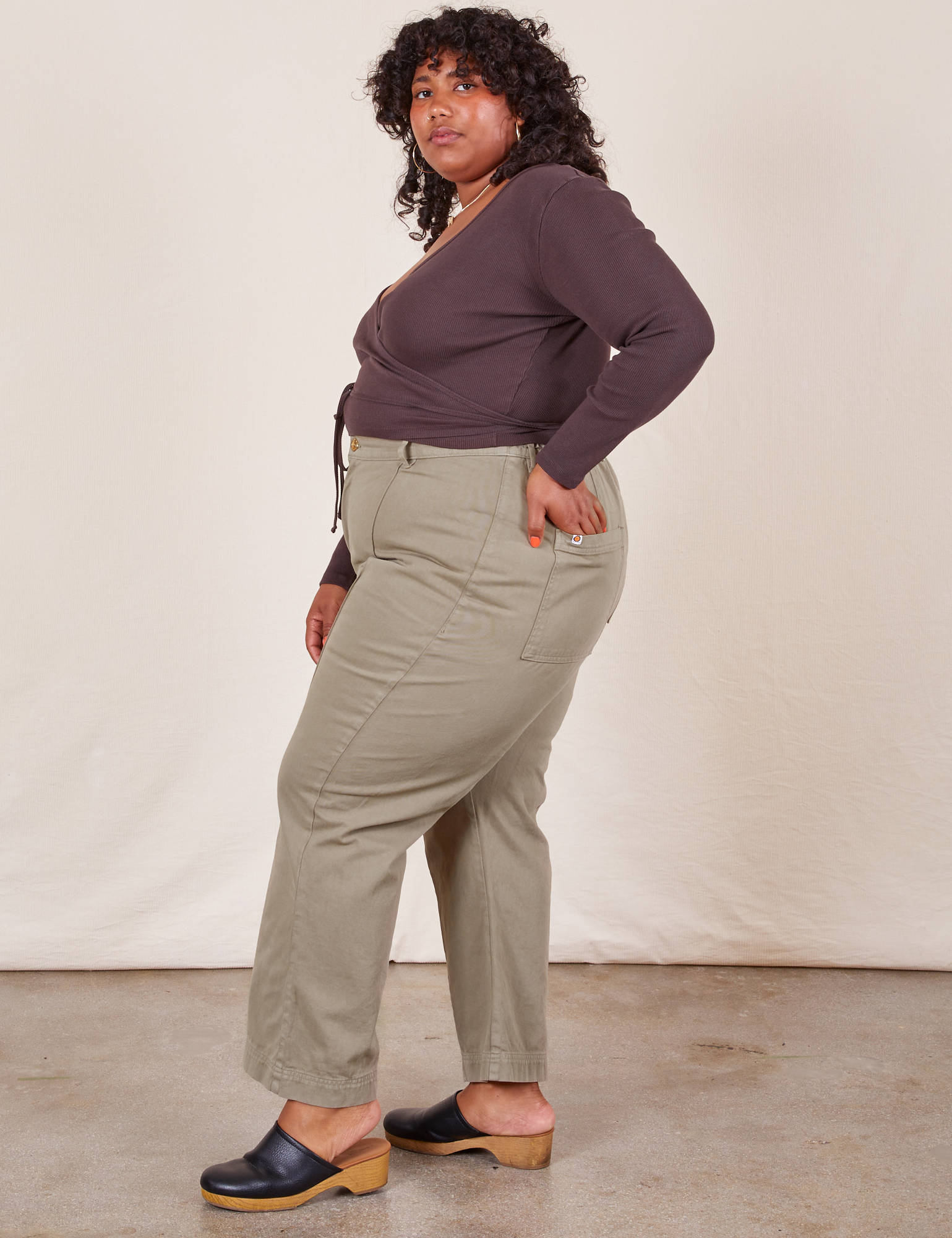 Side view of Western Pants in Khaki Grey and espresso brown Wrap Top on Morgan