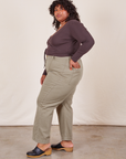 Side view of Western Pants in Khaki Grey and espresso brown Wrap Top on Morgan