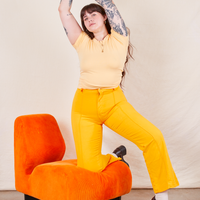 Western Pants in Sunshine Yellow on Sydney wearing butter yellow Baby Tee
