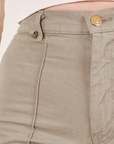 Western Pants in Khaki Grey front close up of belt loop and pin tuck on Alex