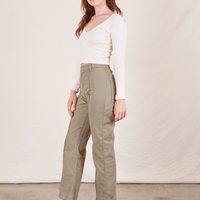 Western Pants in Khaki Grey side view on Alex wearing vintage off-white Long Sleeve V-Neck Tee