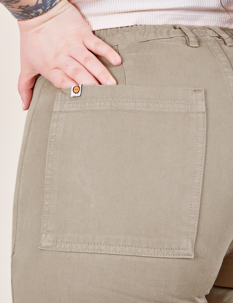 Western Pants in Khaki Grey back pocket close up on Sydney 