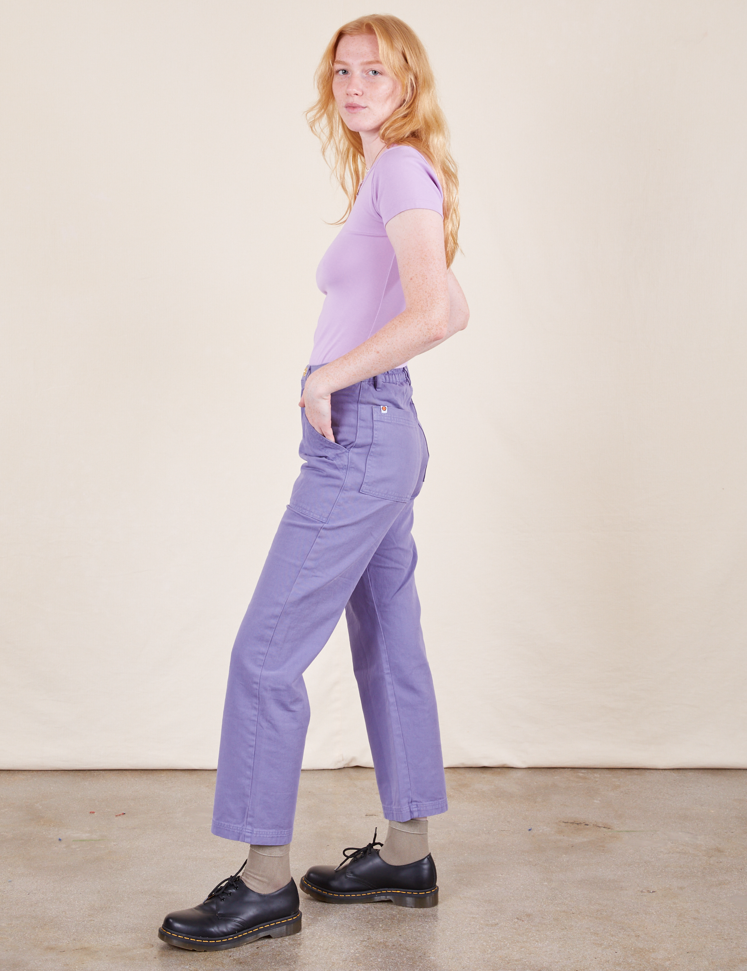 Side view of Work Pants in Faded Grape on Margaret