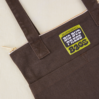 Over-Shoulder Zip Mini Tote in Espresso Brown close up with green Big Bud Press label