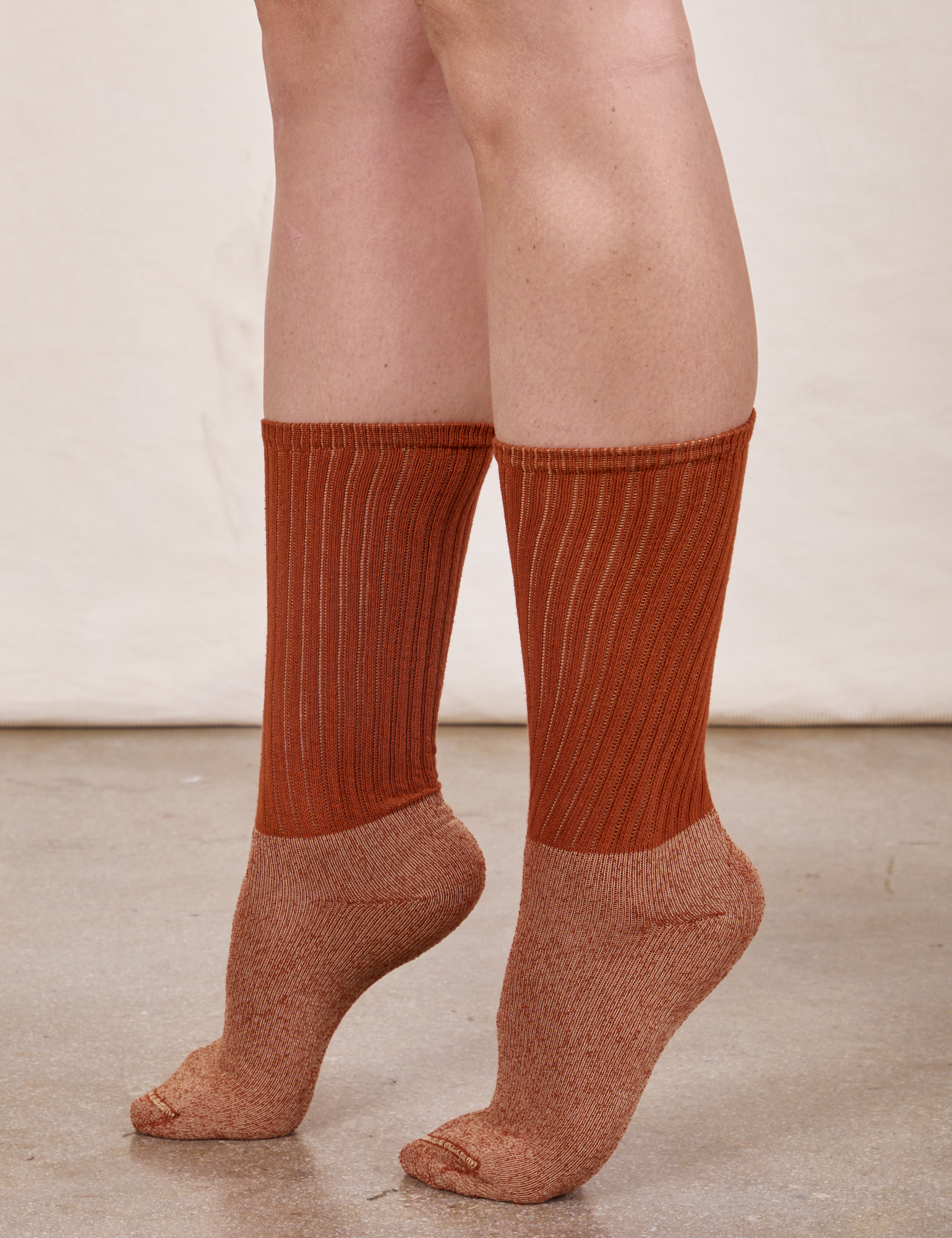 Thick Crew Sock in Burnt Terracotta on model