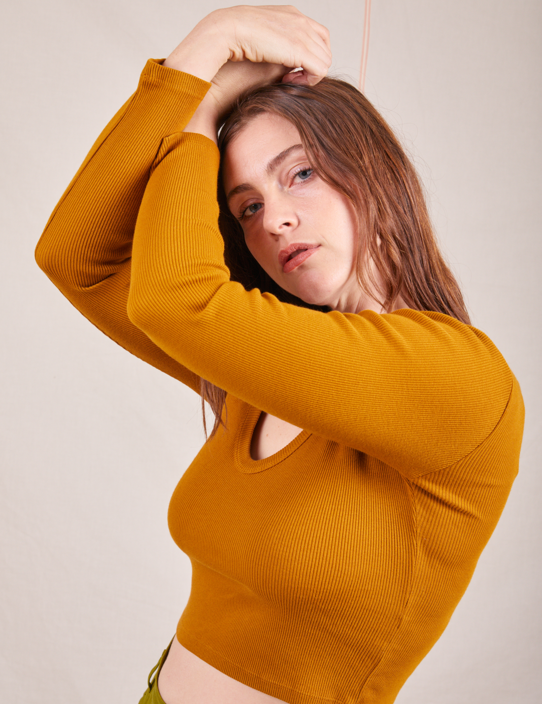Long Sleeve V-Neck Tee in Spicy Mustard on Allison