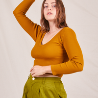 Long Sleeve V-Neck Tee in Spicy Mustard on Allison