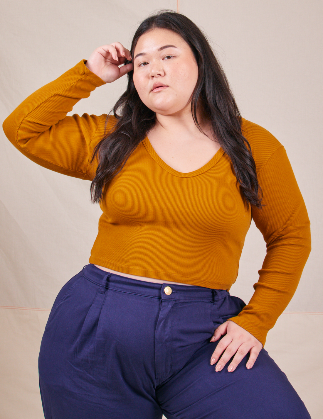 Long Sleeve V-Neck Tee in Spicy Mustard on Ashley