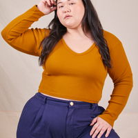 Long Sleeve V-Neck Tee in Spicy Mustard on Ashley