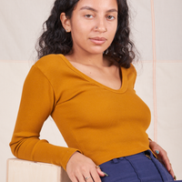 Long Sleeve V-Neck Tee in Spicy Mustard on Blair