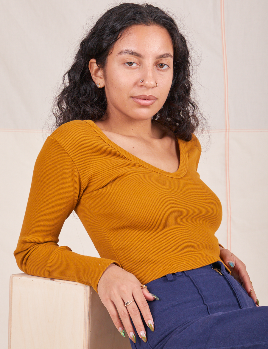 Long Sleeve V-Neck Tee in Spicy Mustard on Blair