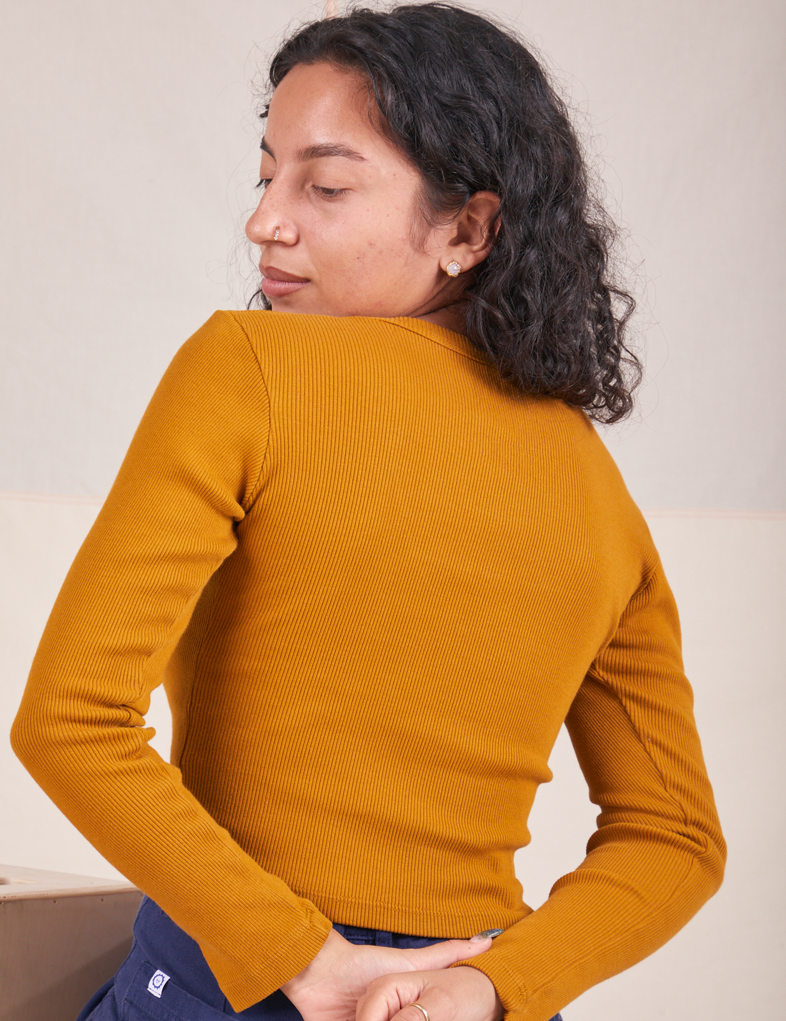 Long Sleeve V-Neck Tee in Spicy Mustard back view on Blair