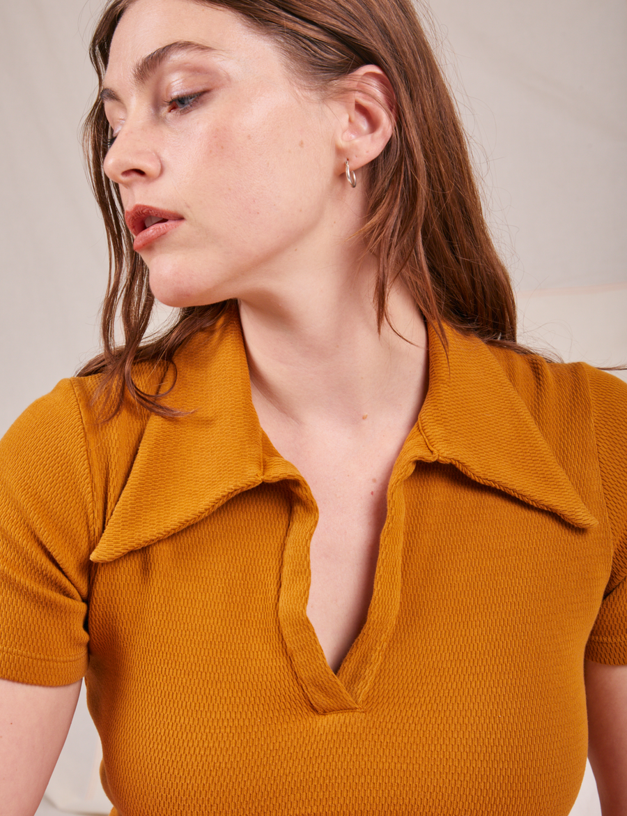 Fisherman Polo in Spicy Mustard front close up of collar