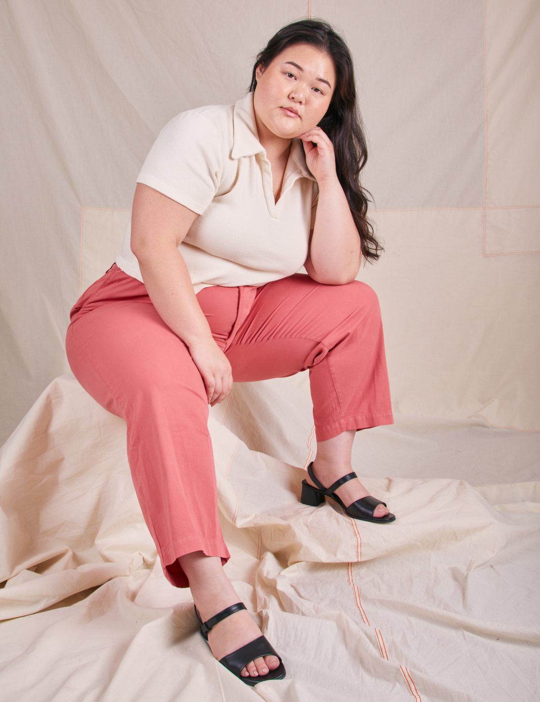 Ashley is wearing Fisherman Polo in Vintage Tee Off-White