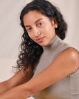 Front close up of Sleeveless Essential Turtleneck in Khaki Grey worn by Blair