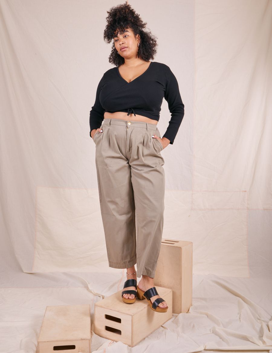 Wrap Top in Basic Black on Lana outfitted with khaki trousers