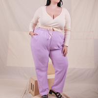 Wrap Top in Vintage Tee Off-White on Kenna wearing lilac lavender easy pants