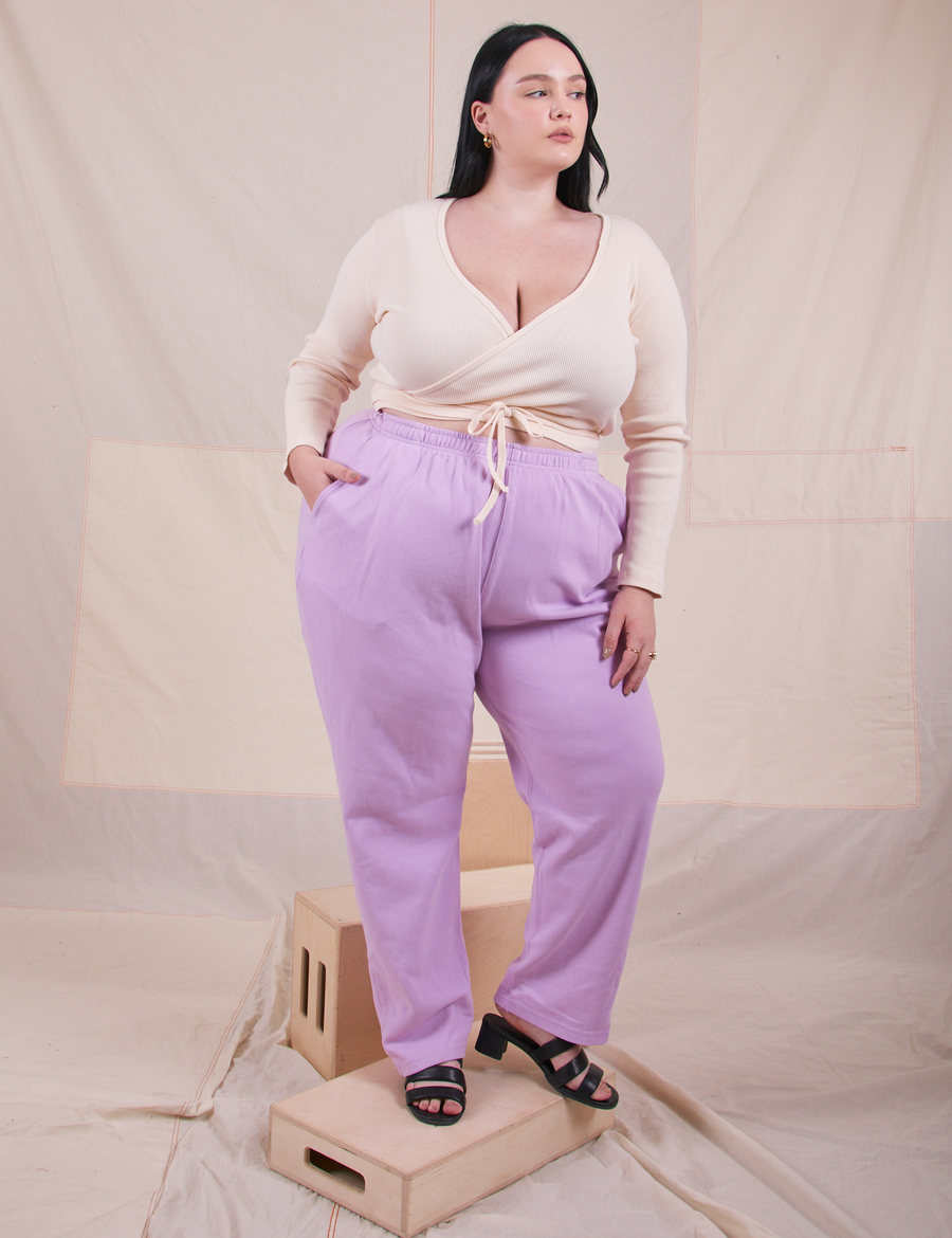 Wrap Top in Vintage Tee Off-White on Kenna wearing lilac lavender easy pants