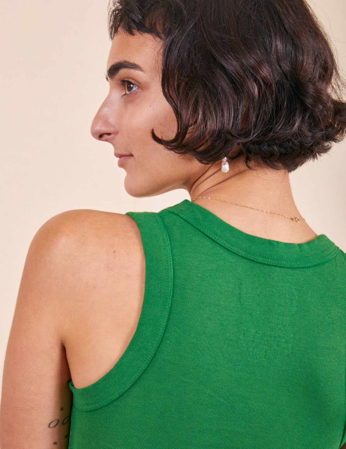 The Tank Top in Forest Green back close up on Soraya